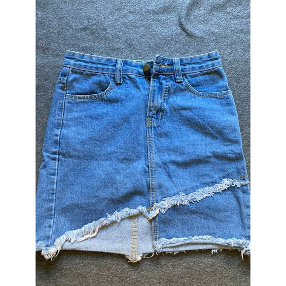 Denim Mini Skirt High Waist slim fit Hip Pocket tassel jean frayed raw size XS - Picture 1 of 5